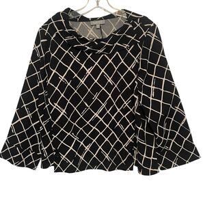 Habitat Drape Collar Diamond Print Top Womens Medium Black White Lagenlook Plaid